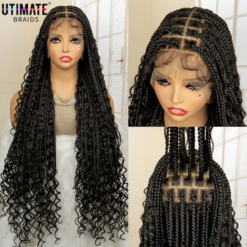 36 Inches Long Boho Braided Wigs with Baby Hair Synthetic Full Lace Knotless Box Braiding Wig with Curly Lace Frontal Wig